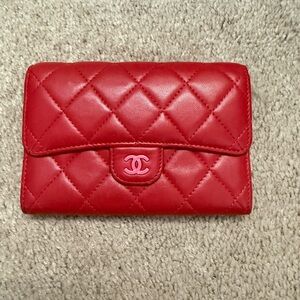 Authentic Lambskin Chanel Flap Wallet Red & Pink